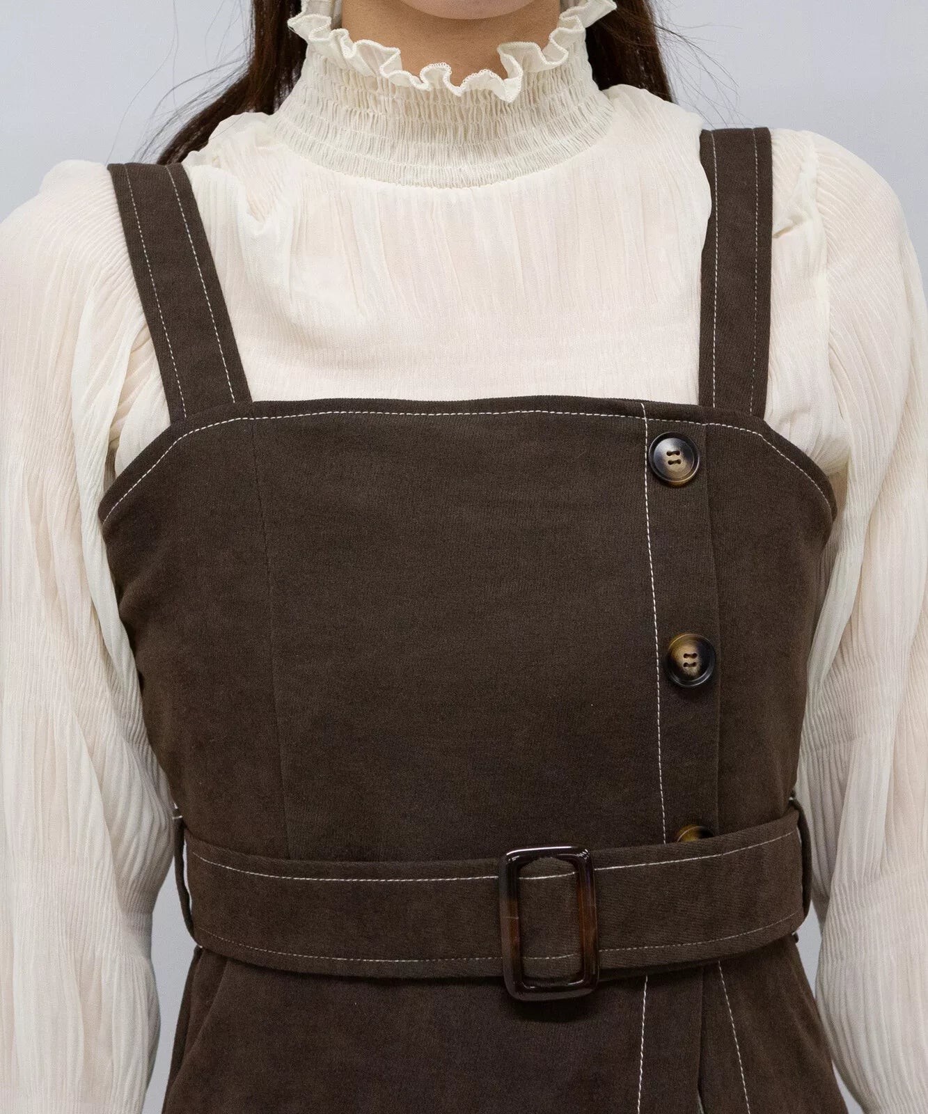 高腰腰帶拼格仔吊帶連身裙 3色 [OP308]