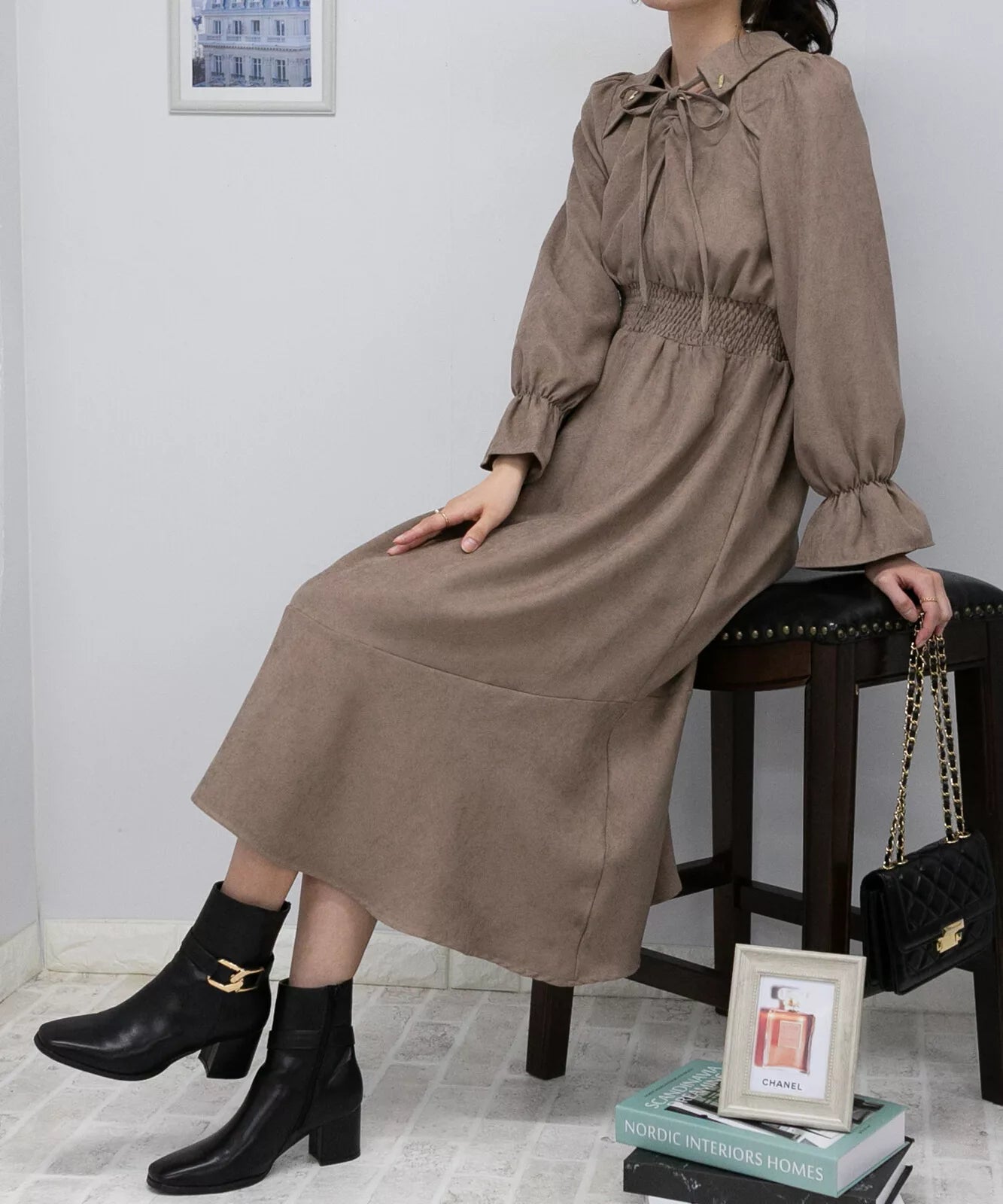 蝴蝶結綁帶荷葉袖口連身裙 3色 [OP311]