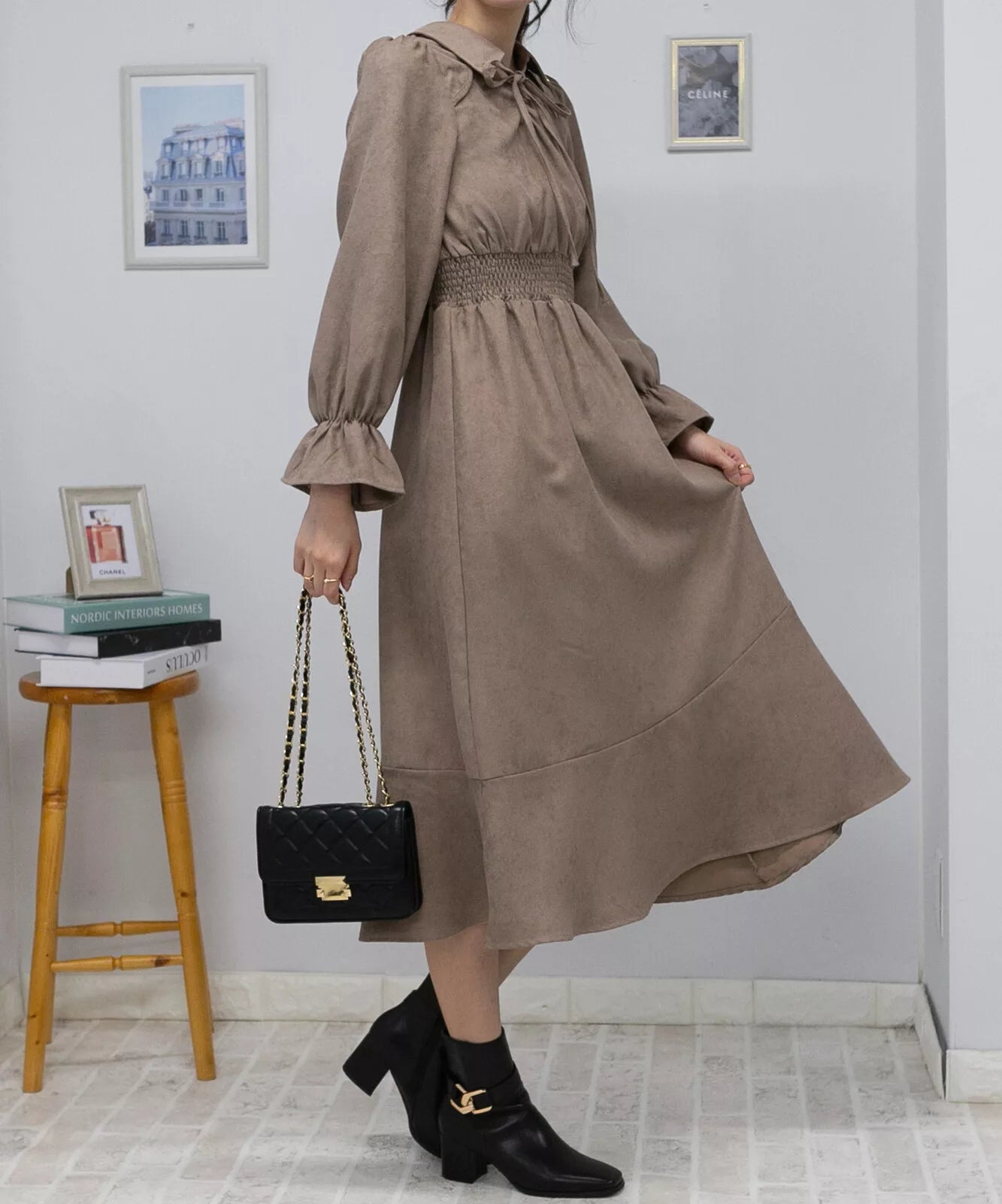 蝴蝶結綁帶荷葉袖口連身裙 3色 [OP311]