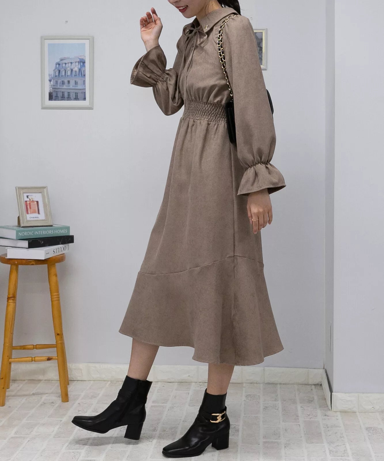 蝴蝶結綁帶荷葉袖口連身裙 3色 [OP311]