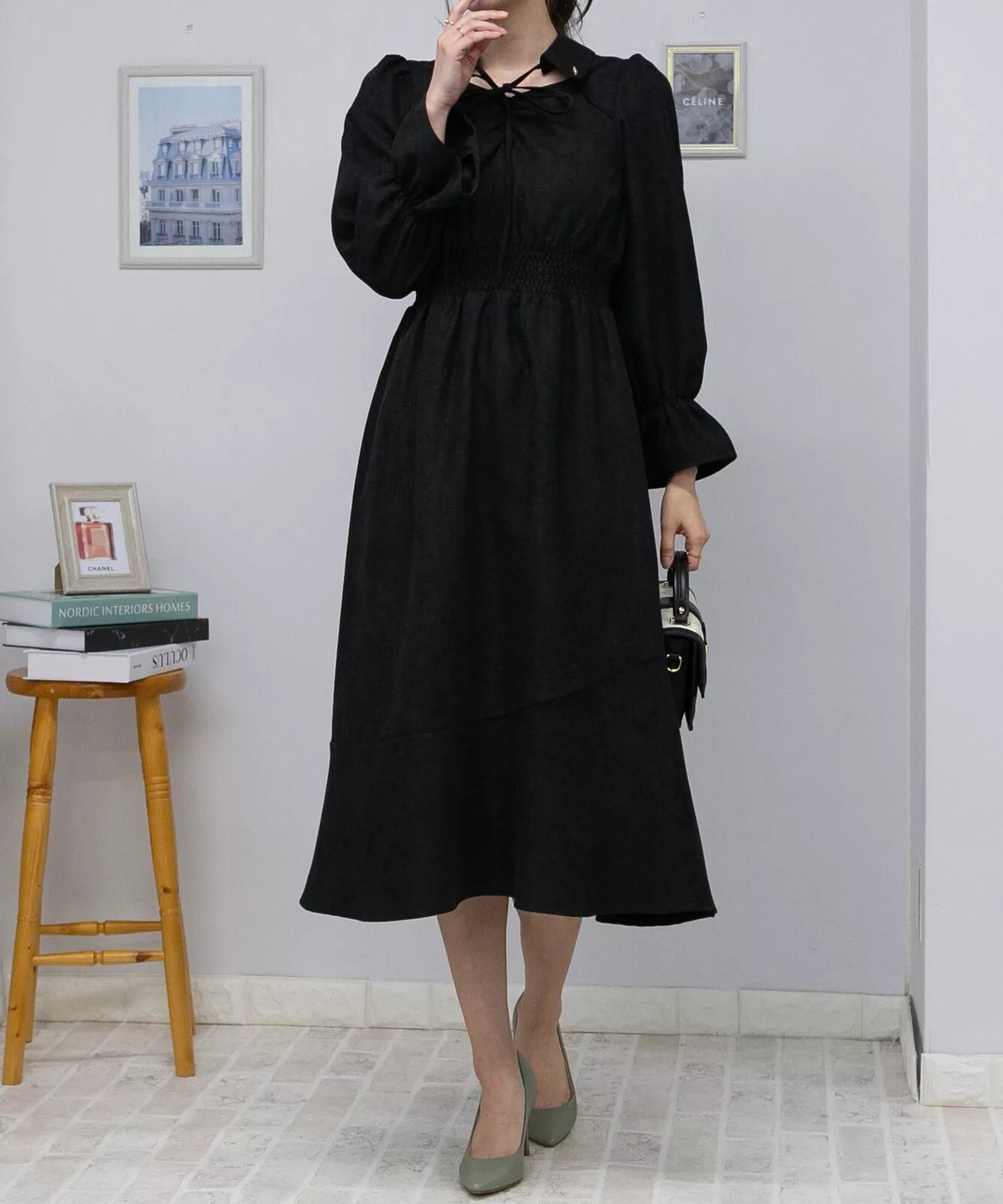 蝴蝶結綁帶荷葉袖口連身裙 3色 [OP311]