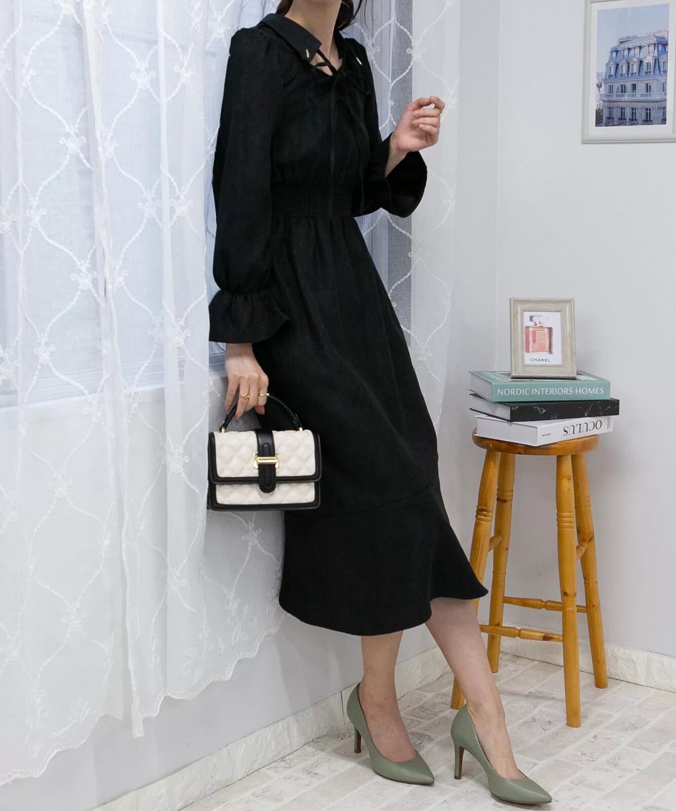 蝴蝶結綁帶荷葉袖口連身裙 3色 [OP311]