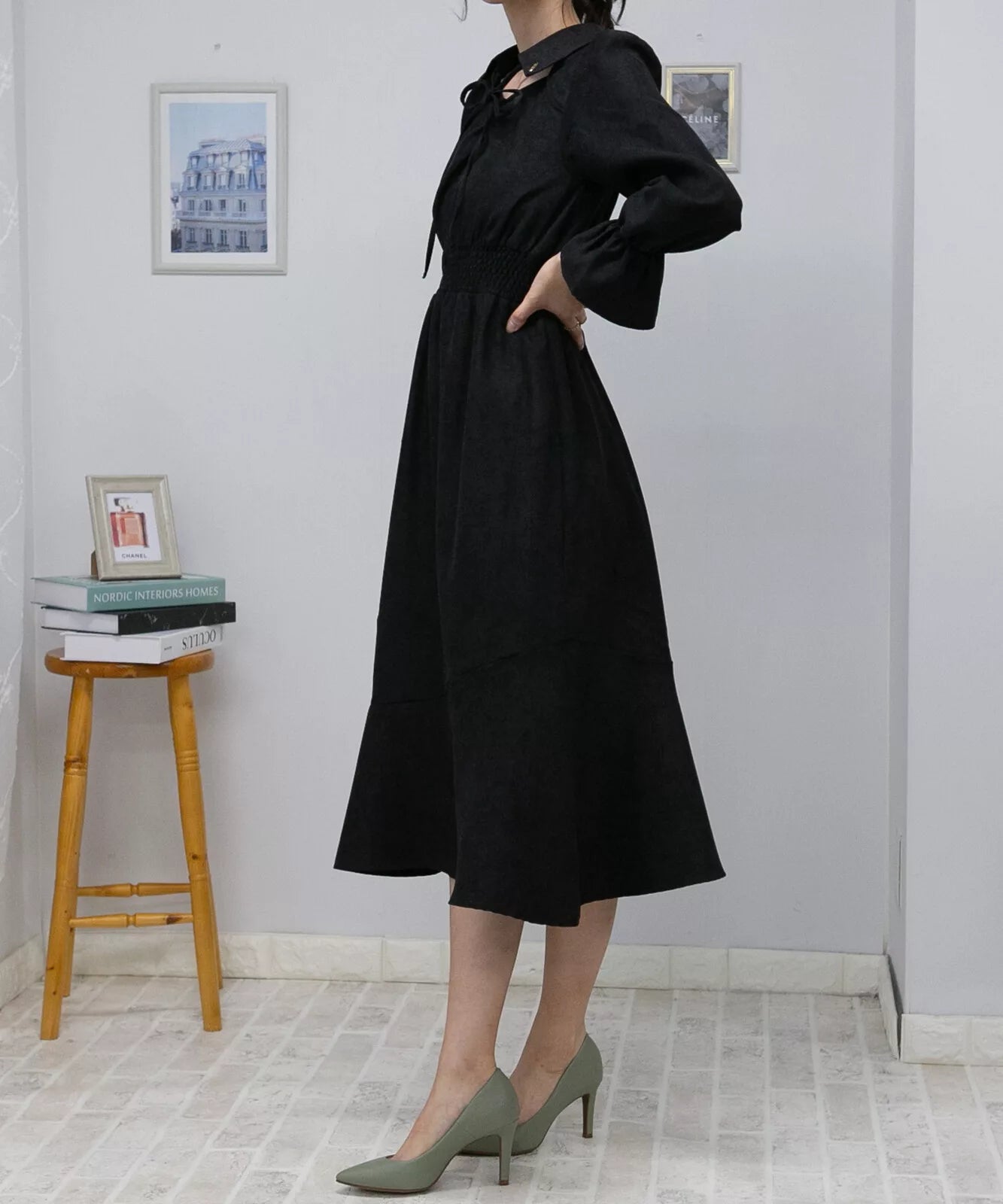 蝴蝶結綁帶荷葉袖口連身裙 3色 [OP311]