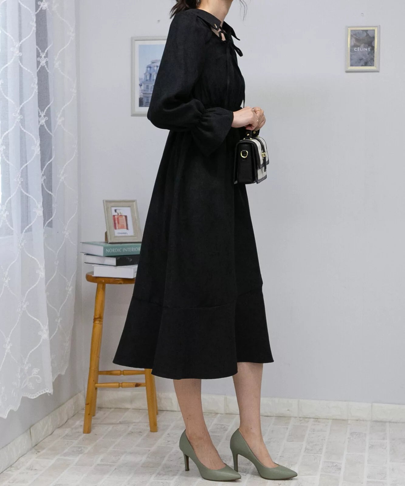 蝴蝶結綁帶荷葉袖口連身裙 3色 [OP311]