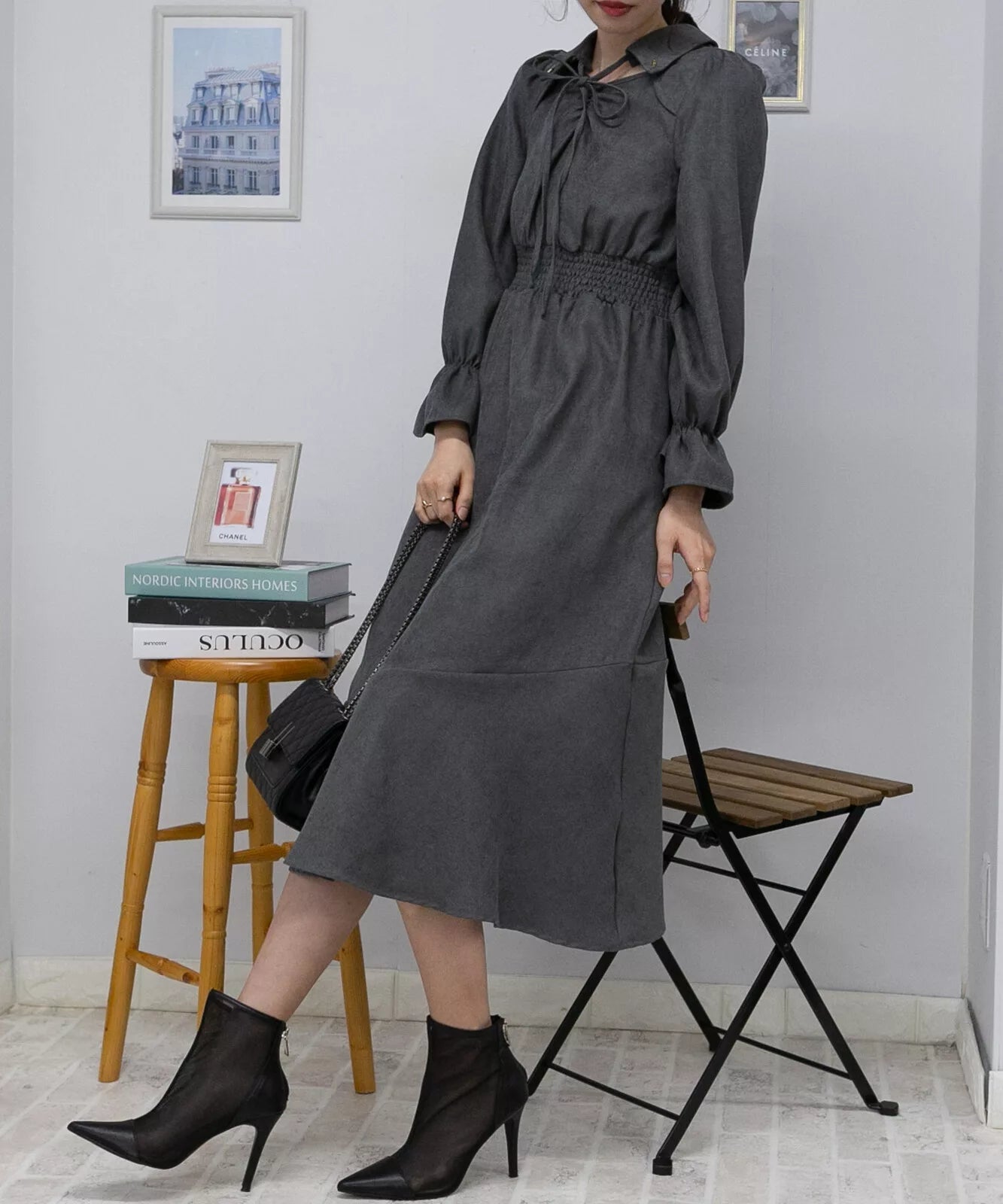 蝴蝶結綁帶荷葉袖口連身裙 3色 [OP311]