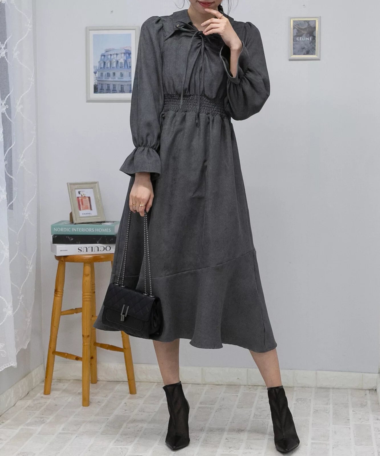 蝴蝶結綁帶荷葉袖口連身裙 3色 [OP311]