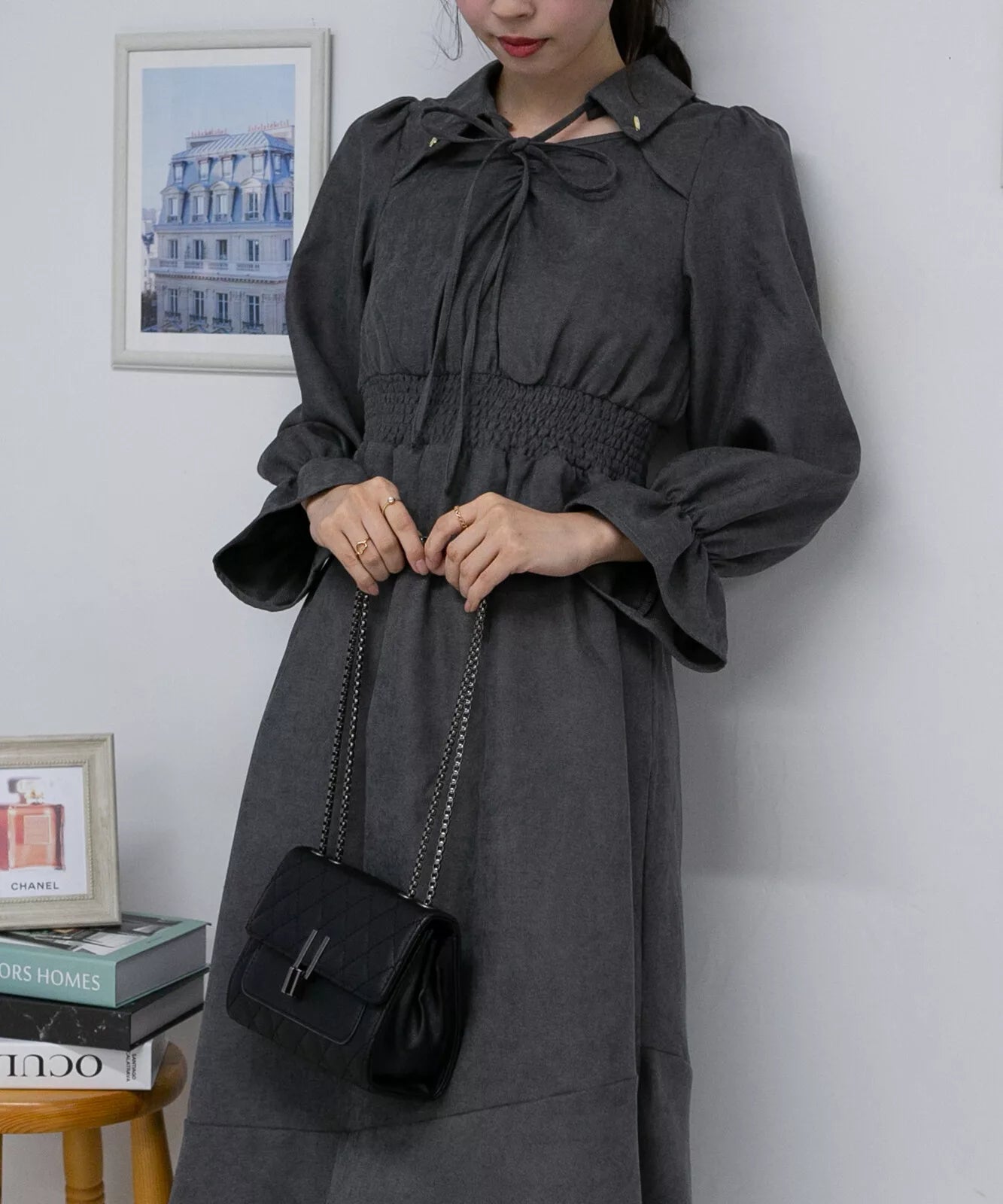 蝴蝶結綁帶荷葉袖口連身裙 3色 [OP311]