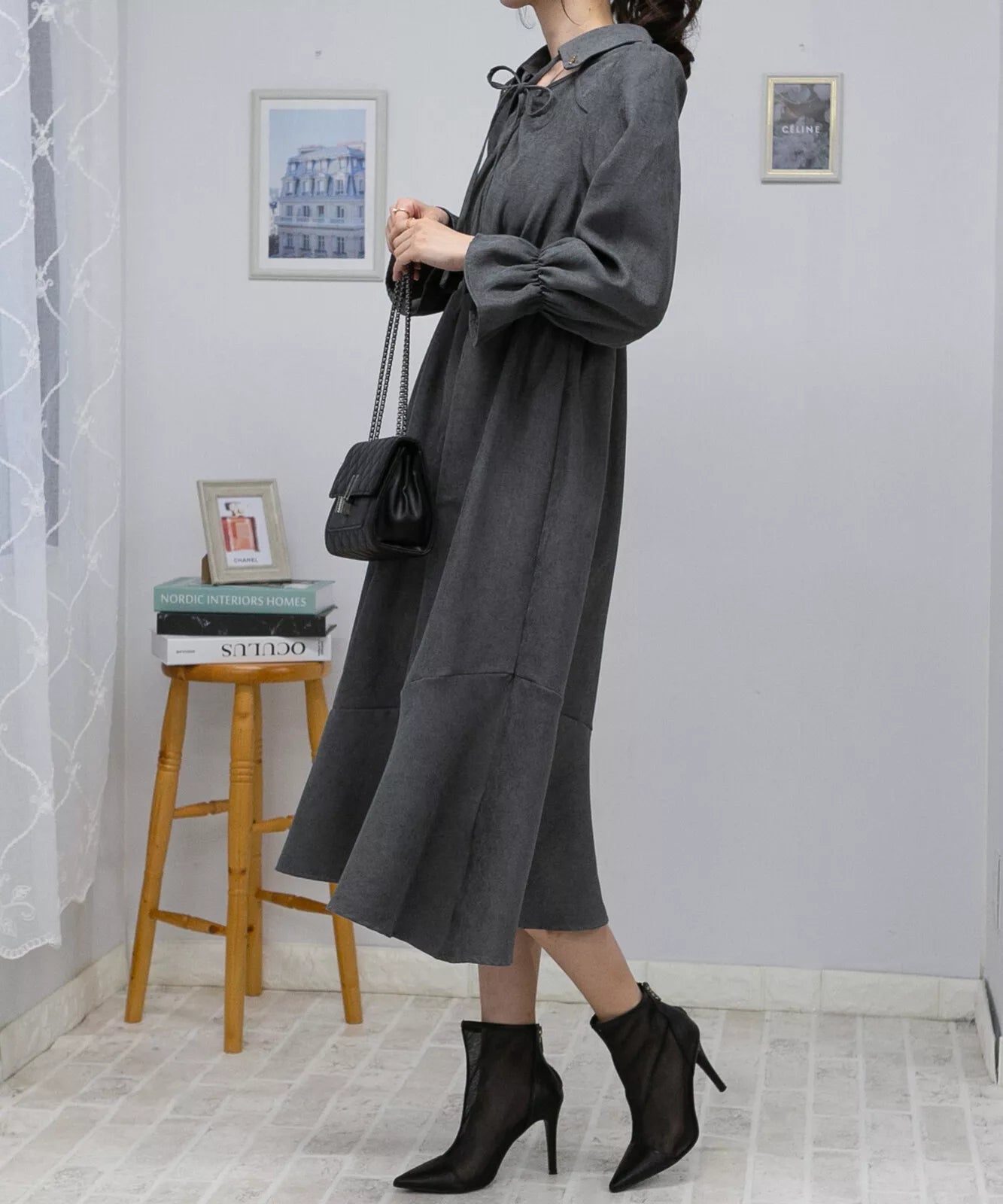 蝴蝶結綁帶荷葉袖口連身裙 3色 [OP311]