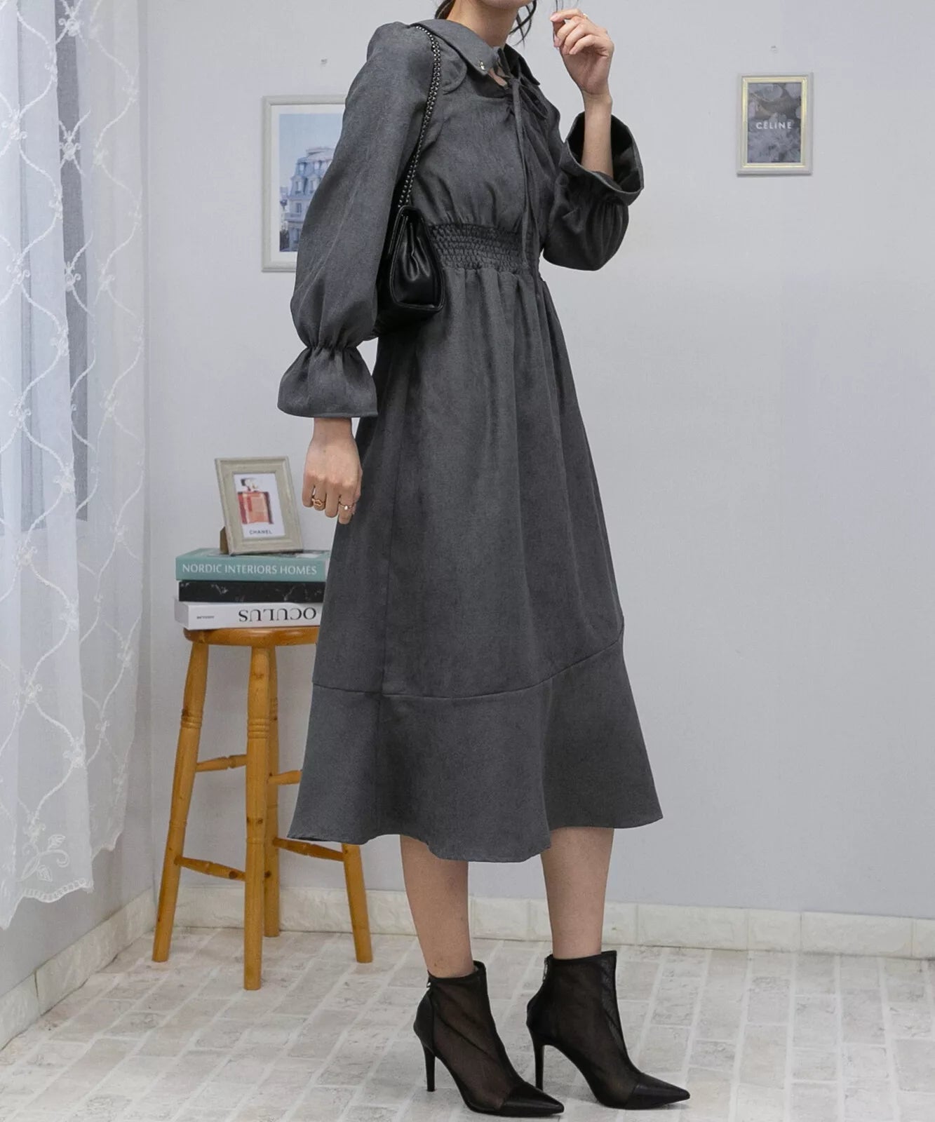 蝴蝶結綁帶荷葉袖口連身裙 3色 [OP311]