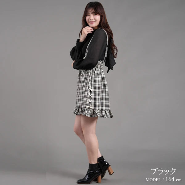 Nohea Ruffle裙擺蝴蝶結綁帶格仔吊帶裙 3色 ［BT304]