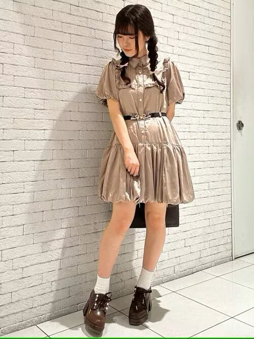 axes femme 荷葉邊束腰泡泡下擺連身裙 2色 [OP341]