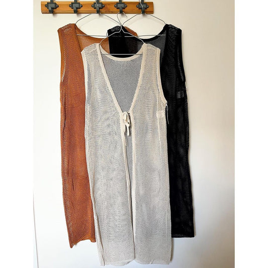 針織網格背心綁帶長外套 3色 [OP79]