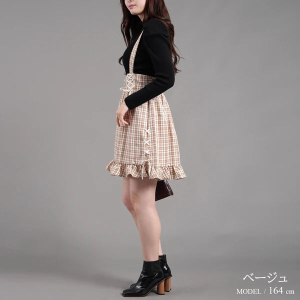 Nohea Ruffle裙擺蝴蝶結綁帶格仔吊帶裙 3色 ［BT304]