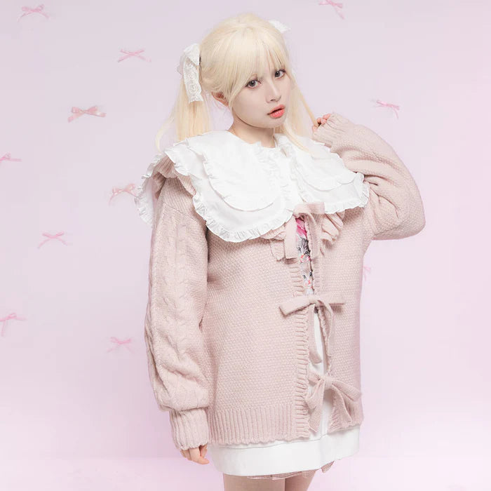 DearMyLoveRose 蝴蝶結麻花針織長外套 3色 [OT258]