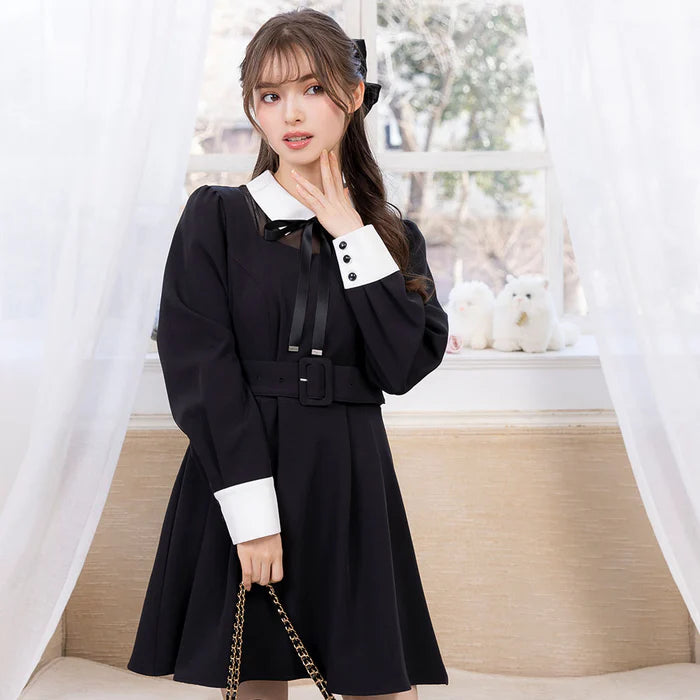 DearMyLoveRose 附腰帶蝴蝶結透明低領連身裙 短版/長版 [OP299]