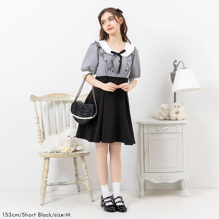 DearMyLoveRose Ruffle蝴蝶結綁帶格紋連身裙 2色 [OP336]