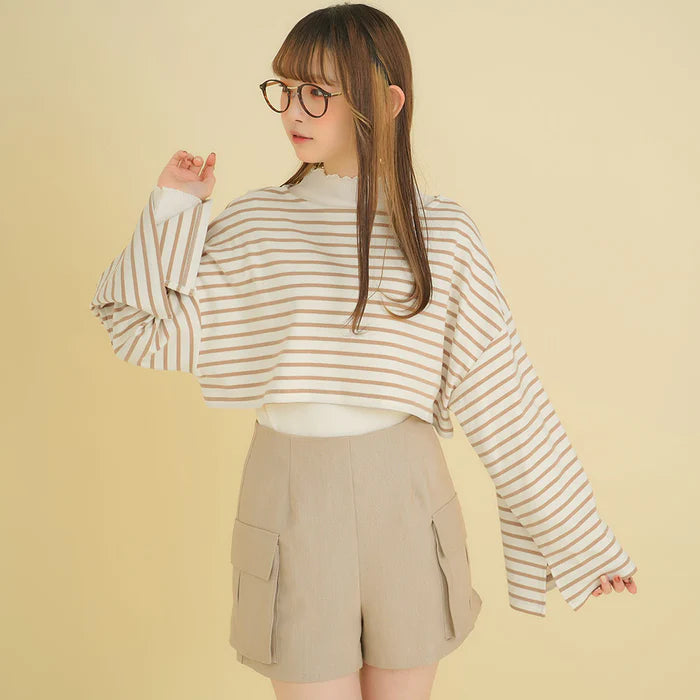 moulis 寬袖條紋短版上衣 3色 [TP321]