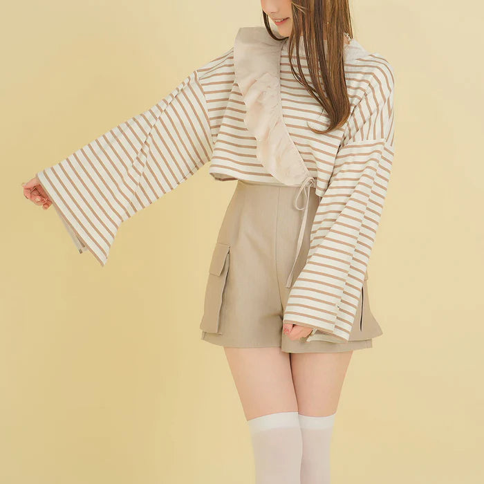 moulis 寬袖條紋短版上衣 3色 [TP321]