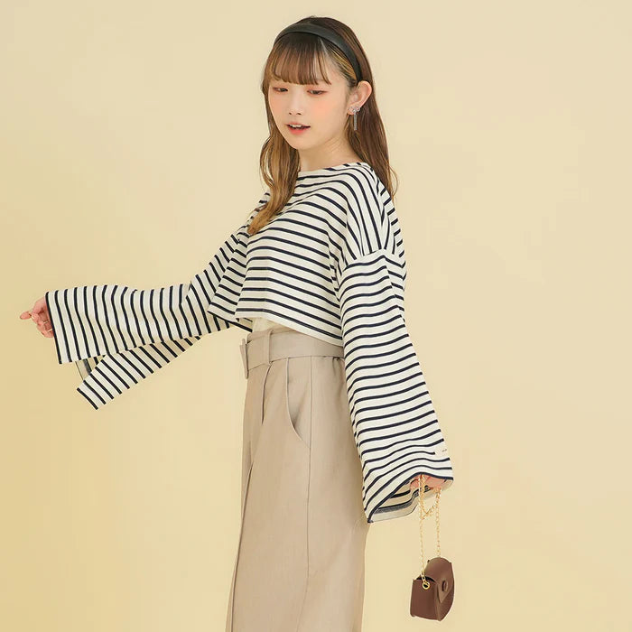 moulis 寬袖條紋短版上衣 3色 [TP321]