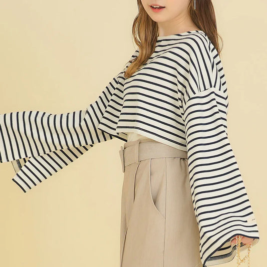 moulis 寬袖條紋短版上衣 3色 [TP321]