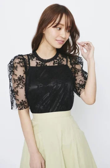 花卉刺繡蕾絲連吊帶上衣 2色 [TP221]