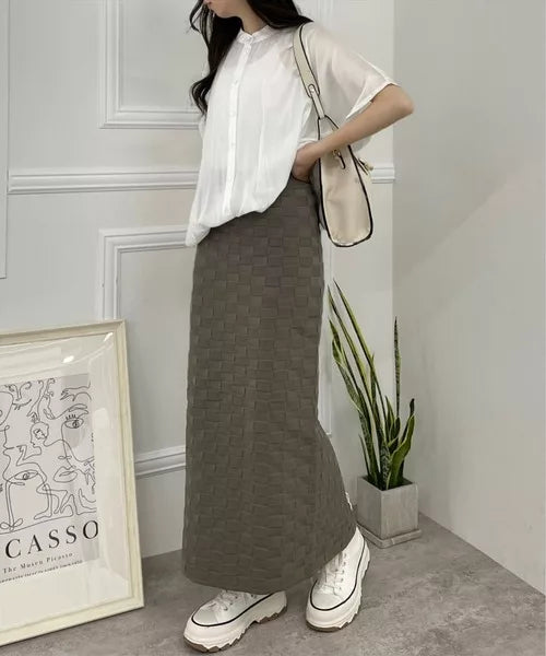 Clear 壓花格紋針織緊身裙 [BT291]