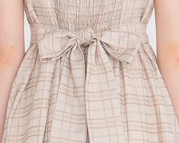 方領口後綁帶格仔連身裙 [OP220]