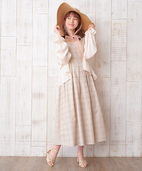 方領口後綁帶格仔連身裙 [OP220]