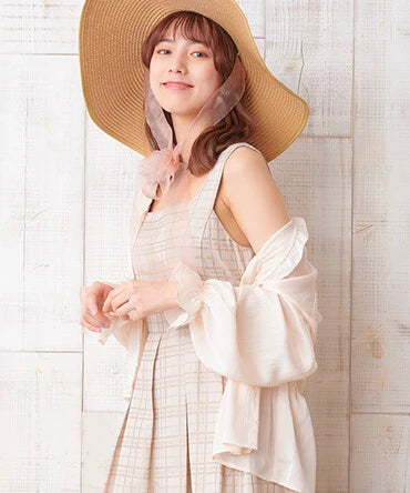 方領口後綁帶格仔連身裙 [OP220]