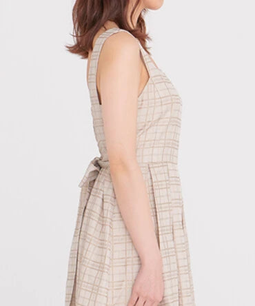 方領口後綁帶格仔連身裙 [OP220]