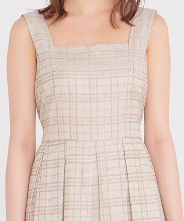 方領口後綁帶格仔連身裙 [OP220]