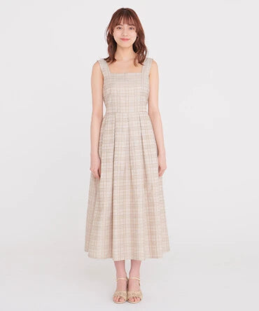 方領口後綁帶格仔連身裙 [OP220]