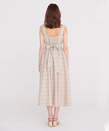 方領口後綁帶格仔連身裙 [OP220]