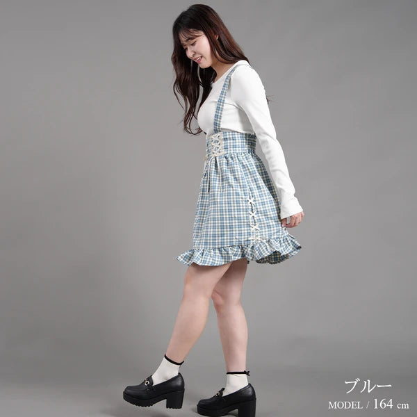Nohea Ruffle裙擺蝴蝶結綁帶格仔吊帶裙 3色 ［BT304]