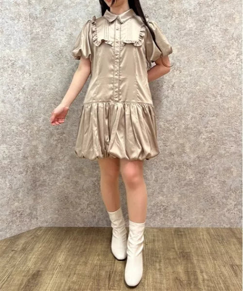 axes femme 荷葉邊束腰泡泡下擺連身裙 2色 [OP341]