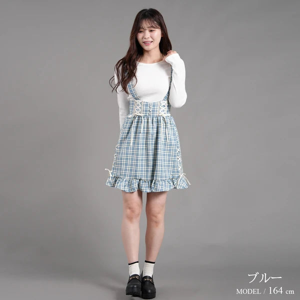 Nohea Ruffle裙擺蝴蝶結綁帶格仔吊帶裙 3色 ［BT304]
