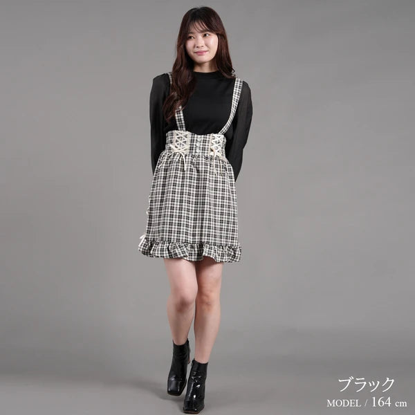 Nohea Ruffle裙擺蝴蝶結綁帶格仔吊帶裙 3色 ［BT304]