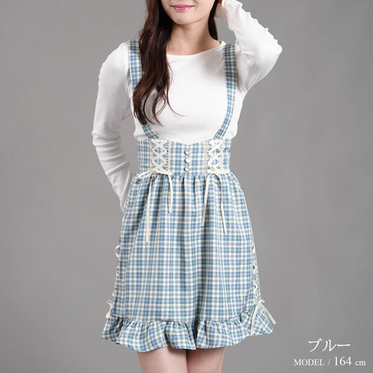 Nohea Ruffle裙擺蝴蝶結綁帶格仔吊帶裙 3色 ［BT304]