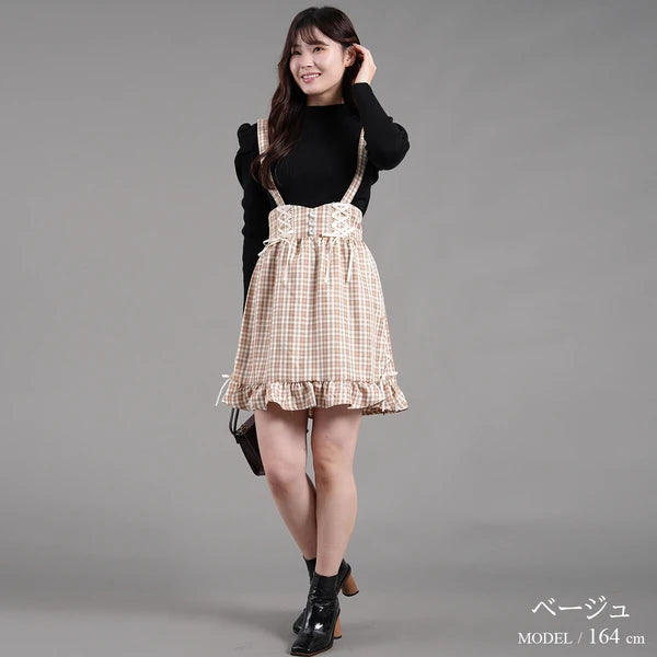 Nohea Ruffle裙擺蝴蝶結綁帶格仔吊帶裙 3色 ［BT304]