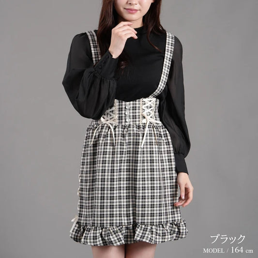 Nohea Ruffle裙擺蝴蝶結綁帶格仔吊帶裙 3色 ［BT304]