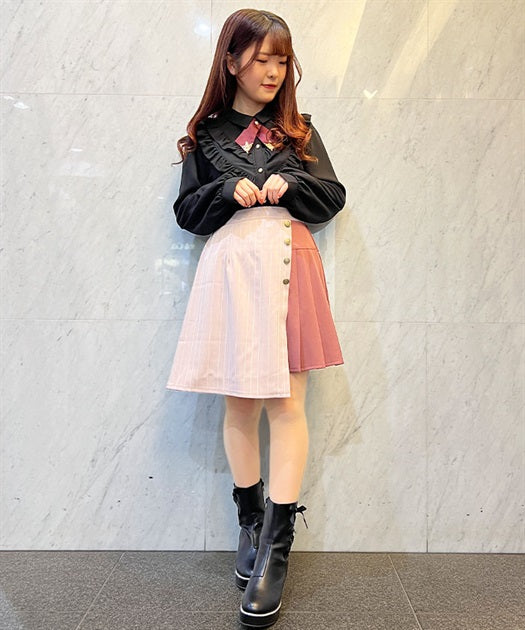 axes femme 粉色條紋百褶裙 [BT254]