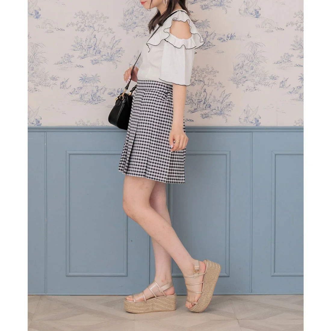 ems excite 高腰黑白格仔百褶裙 [BT240]