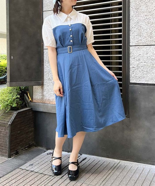 axes femme 附腰帶拼接設計連身裙 2色 [OP266]