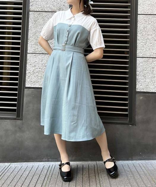 axes femme 附腰帶拼接設計連身裙 2色 [OP266]