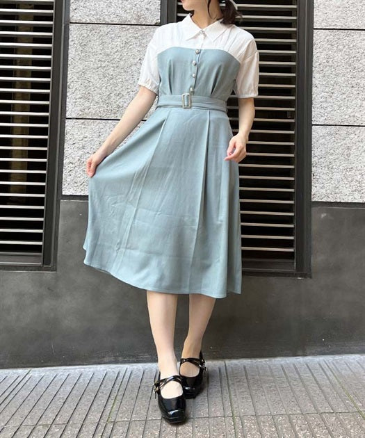 axes femme 附腰帶拼接設計連身裙 2色 [OP266]