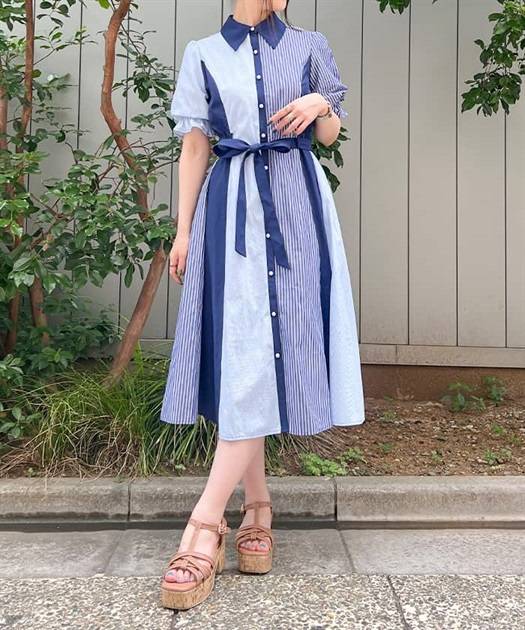 axes femme 條紋拼色綁帶襯衫連身裙 [OP268]
