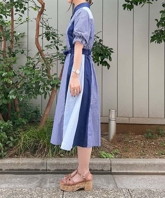 axes femme 條紋拼色綁帶襯衫連身裙 [OP268]