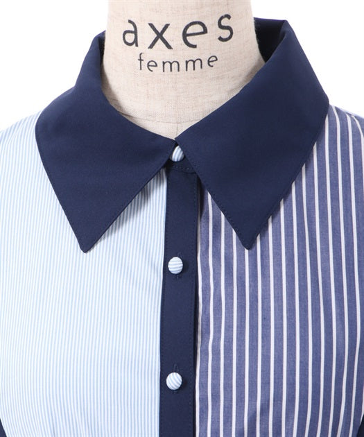 axes femme 條紋拼色綁帶襯衫連身裙 [OP268]