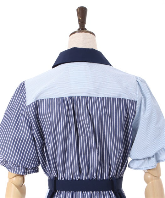 axes femme 條紋拼色綁帶襯衫連身裙 [OP268]