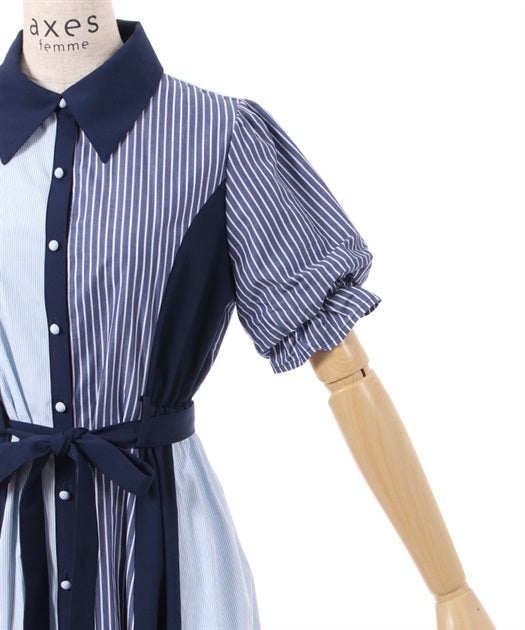 axes femme 條紋拼色綁帶襯衫連身裙 [OP268]